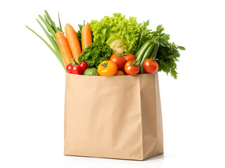 A paper grocery bag filled with fresh vegetables including carrots tomatoes and lettuce on white background