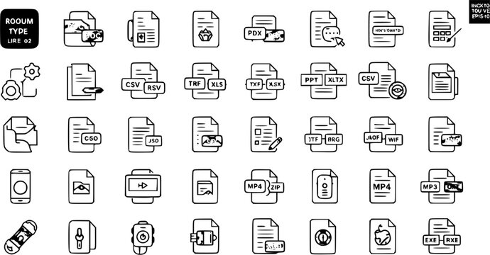 Collection of Hand-Drawn File Type, Document, and Device Icons in Line Art Style