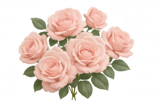 Pink rose bouquet with green leaves on transparent background, symbolizing love, romance, and celebration