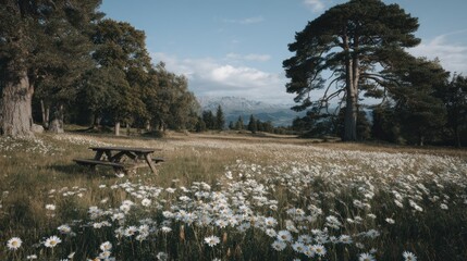Scenic view of a meadow with wildflowers and a picnic table on a sunny day