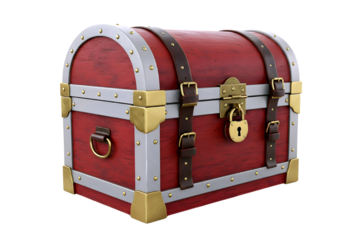 Antique red treasure chest with brass fittings and straps isolated on transparent background