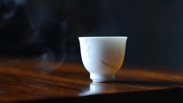 Steaming white porcelain tea cup with gold kintsugi cracks on a dark wooden table