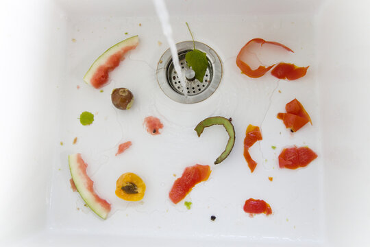Fresh fruit scraps and vegetable peels collected in a kitchen sink 