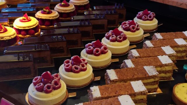 A Delicious Assortment of Elegant and Exquisite Pastries and Decadent Desserts in an Enticing Bakery Display