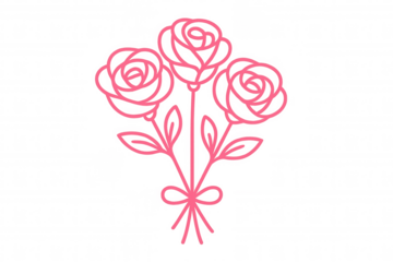 Pink line art roses bouquet symbolizing love and romance with a delicate bow, transparent background