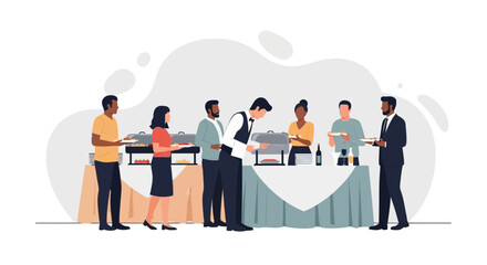 Catering Event Illustration: People Serving Themselves From Buffet Tables At Function