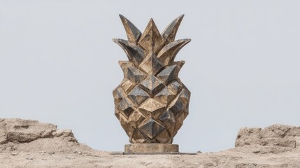 A Majestic Carved Pineapple Sculpture on a Rustic Structure Against a Clear Sky