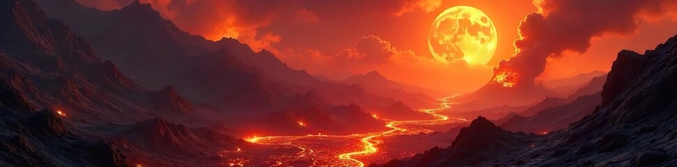 Blazing Inferno Planet Swirling Lava Rivers and Volcanic Eruptions in a Fiery Atmosphere - Perfect for Sci-Fi, Fantasy, and Apocalyptic Designs