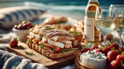 Delicious picnic on the beach with a gourmet sandwich, wine, and fresh strawberries