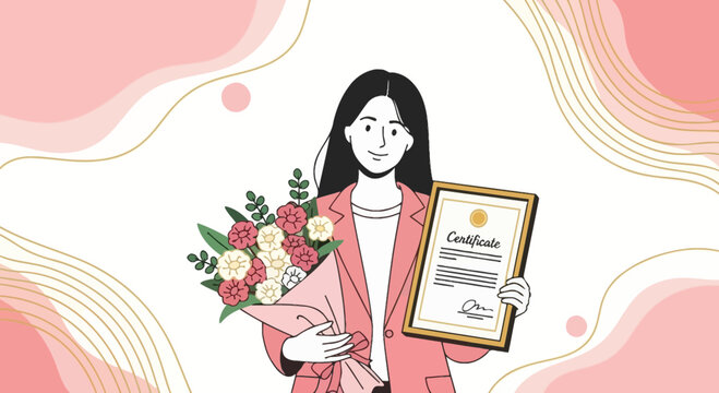 Celebration Of Achievement: Woman Holding Certificate And Flowers With Elegant Background