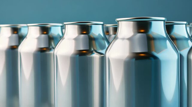 Aluminum Cans Arrayed: A close-up of aligned aluminum cans showcasing their shiny exterior and reflecting the surrounding environment, emphasizing their potential for recycling and reuse.