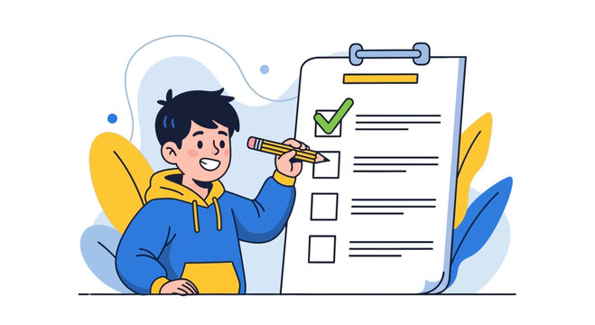 Cheerful Boy Filling Out Checklist, Illustrating Task Completion, Simple Vector Illustration