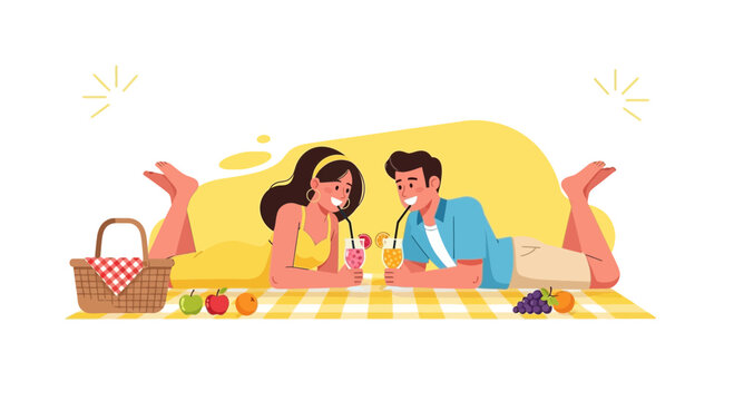 Cheerful Couple Enjoying Picnic Outdoors, Sunshine, Beverages, And Romantic Moment