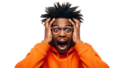 Man with hands on head isolated on transparent background