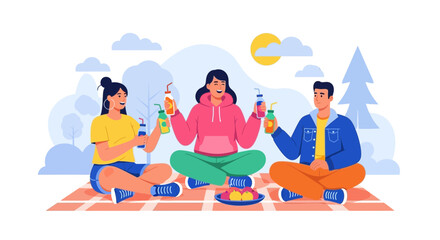 Cheerful Friends Enjoying Food And Drinks In A Beautiful Sunny Day Together