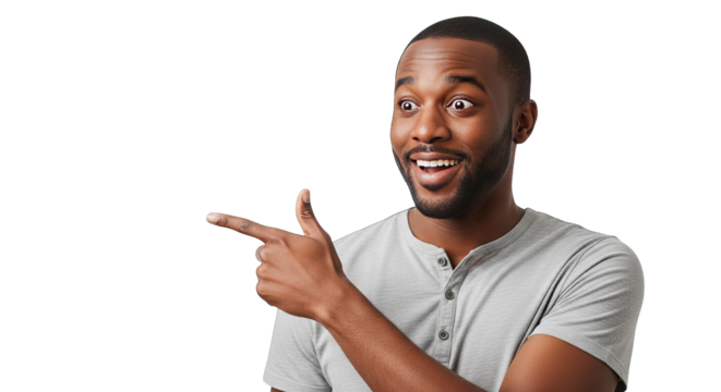 Man pointing to the side isolated on transparent background