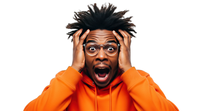 Man with hands on head isolated on transparent background