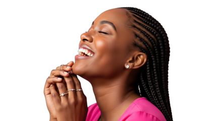 Young black woman with braided hair praying with eyes closed isolated on transparent background