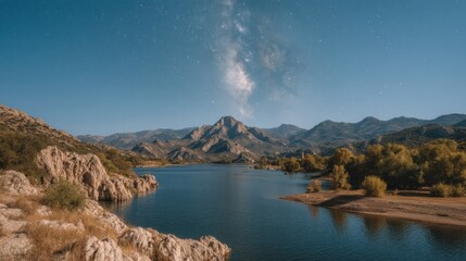 Stunning landscape of lake and mountain range under a clear, starry night sky