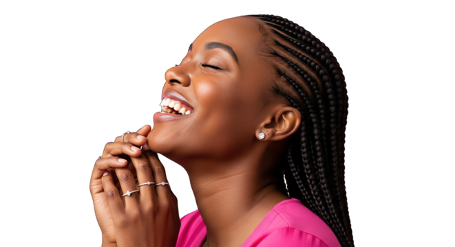 Young black woman with braided hair praying with eyes closed isolated on transparent background