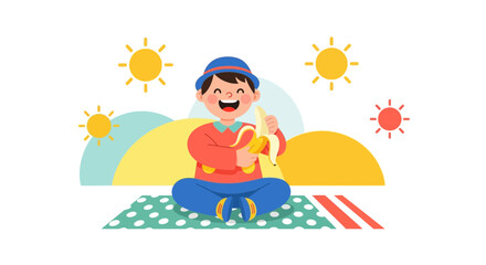 Cheerful Child Enjoying Banana Outdoors With Sunny Day Delights in Nature's Embrace