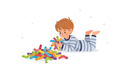 Cheerful Child Playing With Colorful Worm Toys, Simple Illustration, Isolated on White Background