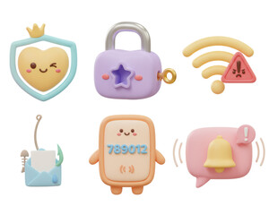A collection of cute 3D icons depicting online security phishing