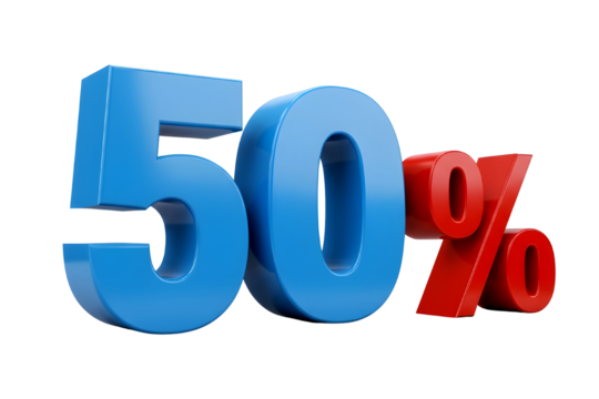 Large blue 50 numbers with a red percentage sign isolated on transparent background - Powered by Adobe