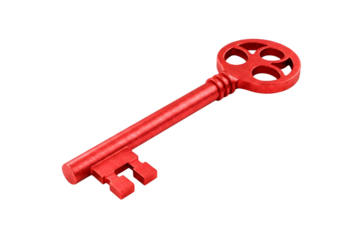 A single bright red antique skeleton key with a decorative bow isolated on transparent background
