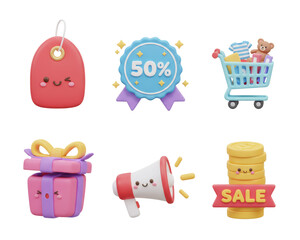 Big Sale Shopping Icons with Discount 50 Percent Off and Gift Bo