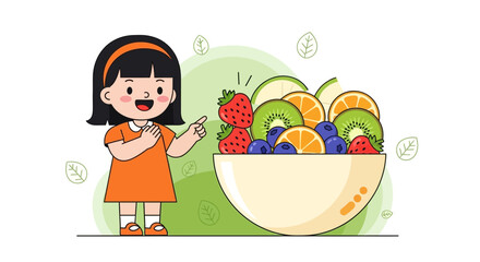 Fototapeta premium Cheerful Girl Exhibits Vibrant Fruit Bowl: A Recipe for Healthy Delight
