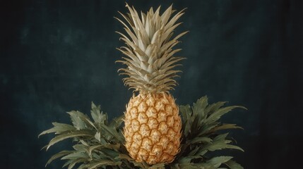 A close-up shot of a ripe pineapple fruit against a dark background