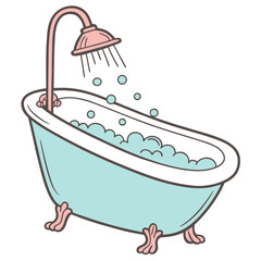 Naklejka premium Vector art of cute cartoon bathtub with running shower and bubbles