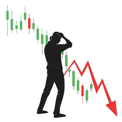 Vector art of silhouette of a distressed person with a downward trending stock market graph