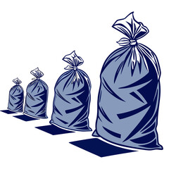 Vector art of four garbage bags of varying sizes lined up in a row, isolated on a