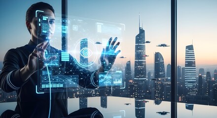 Businessman analyzing data on a holographic screen in a futuristic office.