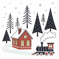 Vector art of charming winter scene with a red house, a steam train, and snowcovered pine trees, evoking a cozy holiday atmosphere