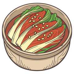 Vector art of a bowl of kimchi, a traditional korean fermented vegetable dish, is presented in a rustic ceramic bowl, garnished with sesame seeds