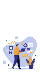 Man managing digital business tasks with a laptop highlighting online strategy and data