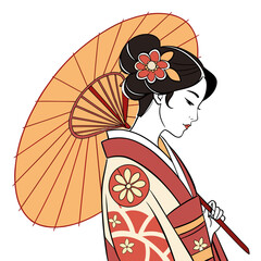Illustration of a japanese woman in a kimono holding a traditional umbrella