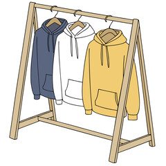 Vector art of three colorful hoodies hanging on a wooden rack