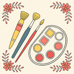 Vector art of artistic illustration of painting brushes and a palette with colorful paints, surrounded by floral elements