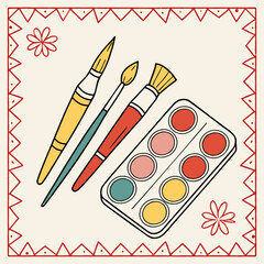 Vector art of a watercolor paint palette with three brushes and decorative flowers on a cream background with a red border