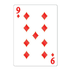 Nine of diamonds. Playing card with golden elements. Casino icons. Pictograms representing different suits. Vector illustration. Flat design for modern visual elements.