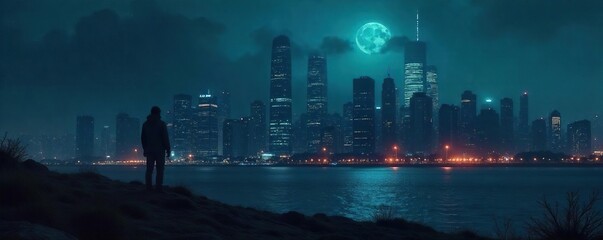 Solitary Figure Silhouetted Against a Night Cityscape A Dramatic Image of Loneliness and Mystery