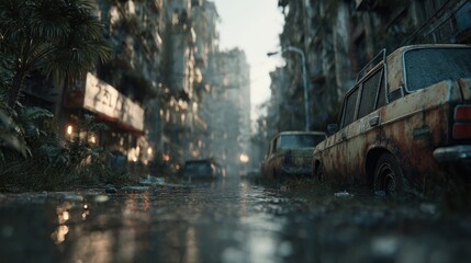 Post-apocalyptic urban scene with abandoned cars and overgrown vegetation