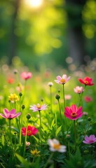 Spring Wildflowers in Bloom Lush Meadow Bathed in Sunlight, Renewal and Natures Awakening