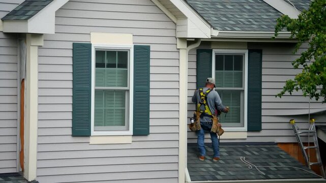 A worker standing on the roof and repairs old exterior wooden shutters from the outside of the house