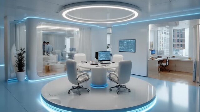 Modern Conference Room: A contemporary conference room showcases cutting-edge design with its sleek, minimalist aesthetic, embodying a futuristic ambiance with blue lighting and ergonomic furnishings.