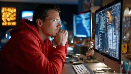 Tech Luminary: A focused individual immersed in coding, illuminated by the soft glow of the computer monitor, lost in thought, embodying modern digital life.